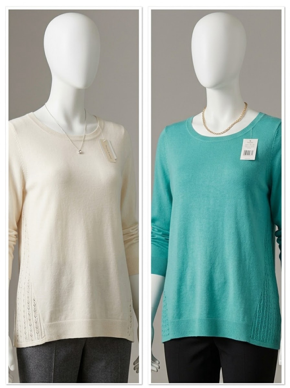 2/$22 Scoop Neck Knit Pullover Sweater — Cream & Teal